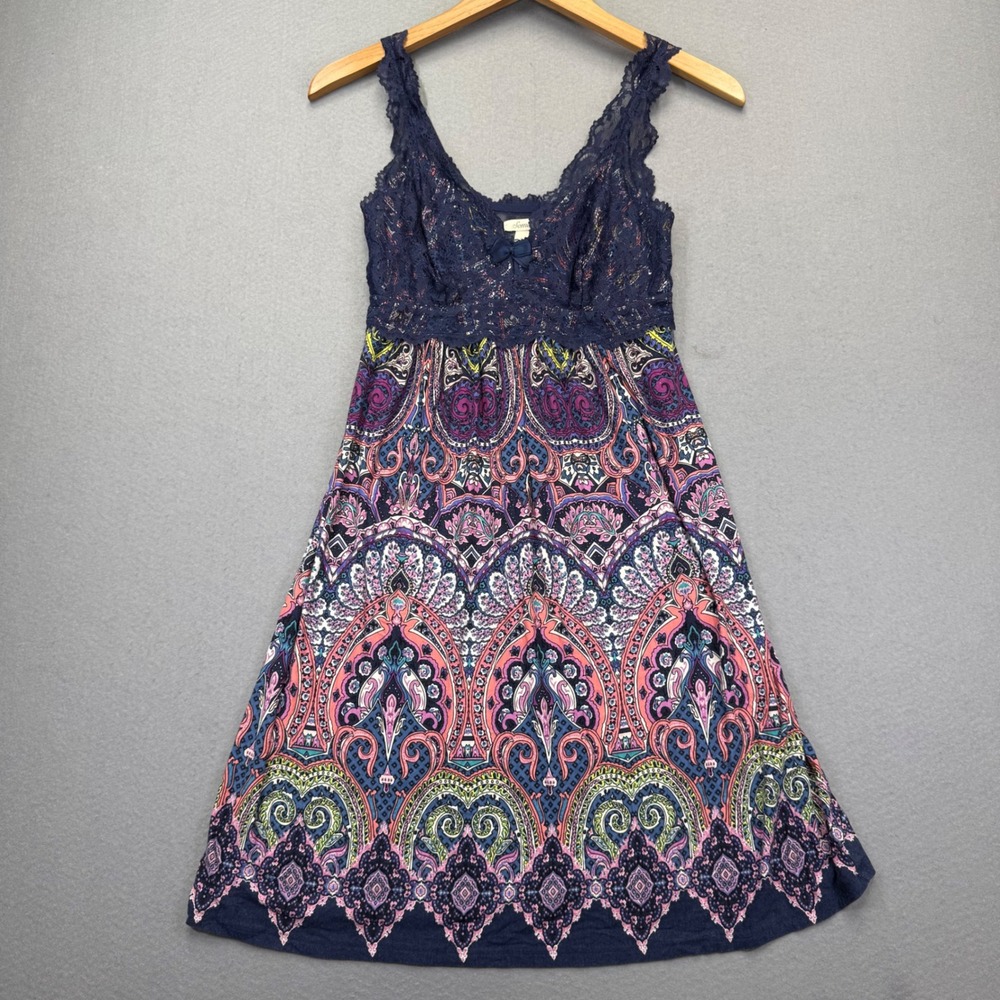 Soma XS Navy Blue Paisley Lace Trim Chemise Nightgown Sleep Dress Sleeveless